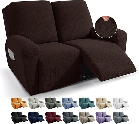 JIVINER 6-Piece Loveseat Recliner Slipcover Stretch Jacquard Recliner Sofa Cover 2 Seater Washable Reclining Couch Cover with Pocket Fitted Furniture Protector Cover (Dark Coffee)
