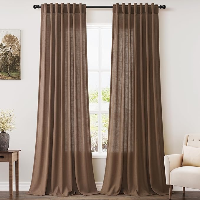 Caramel Brown Linen Curtains for Living Room 94 Inches Long Back Tab and Rod Pocket Light Filtering Semi Sheer Vintage Rustic Curtain Luxury Boho Decor Drapes for Bedroom Office 52x94, 2 Panels