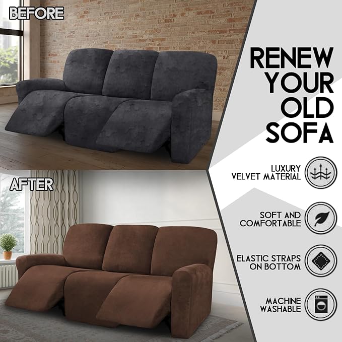 ULTICOR Velvet 8-Pieces Recliner Sofa Covers Stretch Reclining Couch Covers for 3 Cushion Reclining Sofa Slipcovers Furniture Covers Thick Soft Washable (3 Seater Recliner Cover, Chocolate)