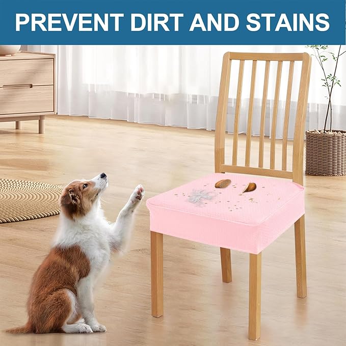 Smiry Waterproof Seat Covers for Dining Room Chairs Set of 8, Stretch Jacquard Removable Washable Chair Seat Slipcovers Protector, No Rear Covers, Blush Pink