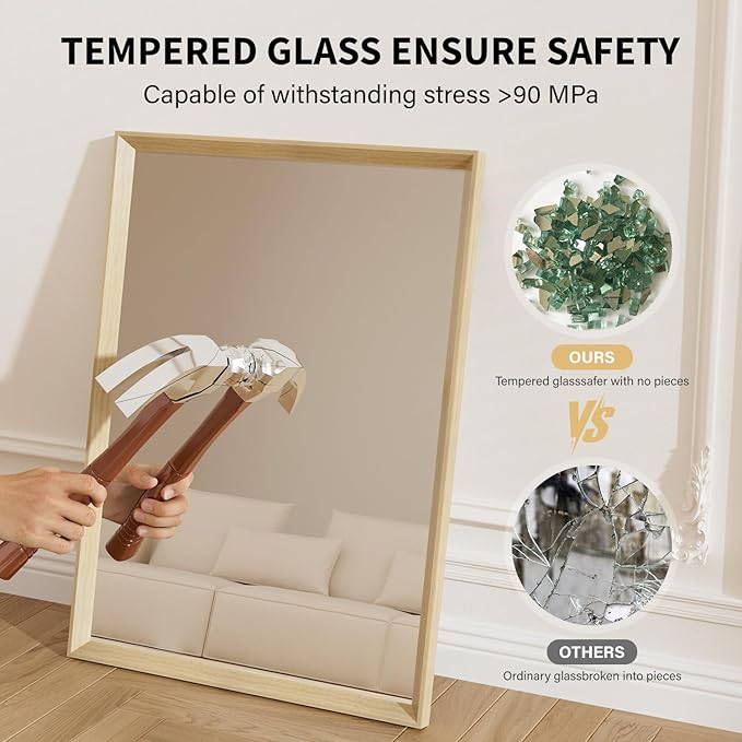 Oak Wood Effect Framed Wall Mirror, 30x36 Rectangle Mirror, Anti-desilvering Tempered Glass, Sustainable& Sturdy Frame, Farmhouse Mirror, Anti-Rust, 3min Fast Setup for Bathroom Living Room