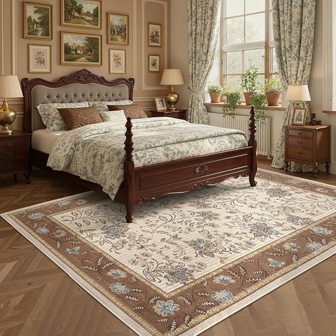 GarveeHome Large Area Rugs 10x13 for Living Room, Brown Washable Rug Soft Non Slip Backing Floor Mat Carpet Indoor Botanical Floral Rug for Bedroom Dining Room Playroom Nursery Room