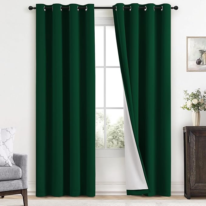 Yakamok 100% Blackout Curtains Dark Green Room Darkening Thermal Insulated with 2 Thick Layers-Hunter Green Window Drapes Set of 2 Panels for Bedroom Living Room 52 Inches by 84 Inches Length