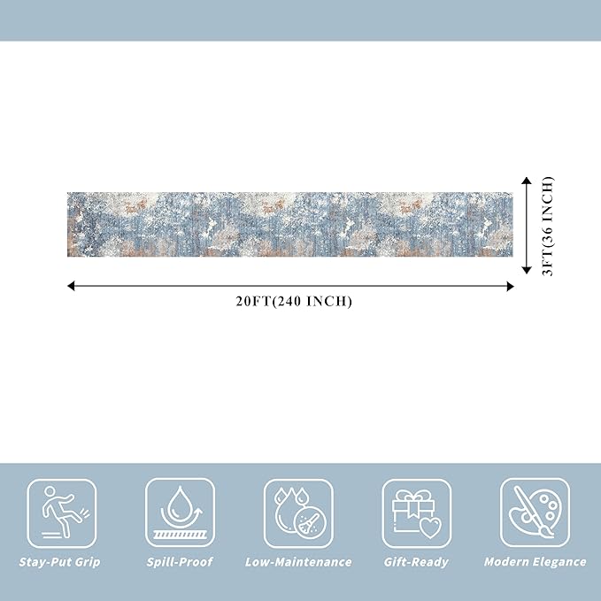 3x20 ft Extra Long Hallway Runner Rug - Non-Slip Washable Floor Runner with Rubber Backing, Modern Low Pile Thin Wide Carpet for Entryway, Kitchen, Living Room (Blue Rust, 3x20)