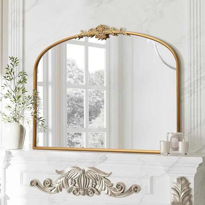 Besdomus Antique Arched Gold Mirror: 40"x29" French Large Vintage Vanity Wall Mounted Mirror - Baroque Decorative Traditional Ornate for Bedroom/Bathroom/Fireplace/Entryway - Home Decor for Homemakers