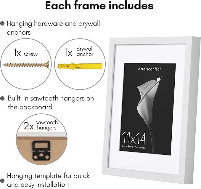 Americanflat 11x14 Picture Frame with Shatter-Resistant Glass - Use as 8x10 Frame with Mat or Display 11x14 Photo Without Mat - Soho Collection - Deep Molding Picture Frames for Wall Display - White