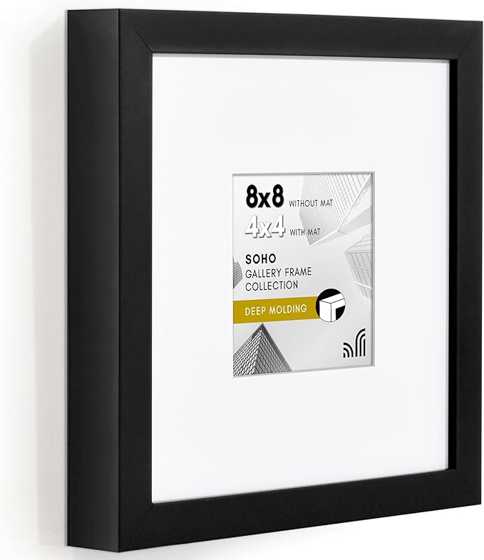 Americanflat 8x8 Picture Frame with Shatter-Resistant Glass - Use as 4x4 Frame with Mat or Display 8x8 Photo Without Mat - Soho Collection - Deep Molding Square Frames for Tabletop or Wall - Black
