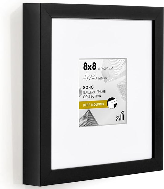 Americanflat 8x8 Picture Frame with Shatter-Resistant Glass - Use as 4x4 Frame with Mat or Display 8x8 Photo Without Mat - Soho Collection - Deep Molding Square Frames for Tabletop or Wall - Black