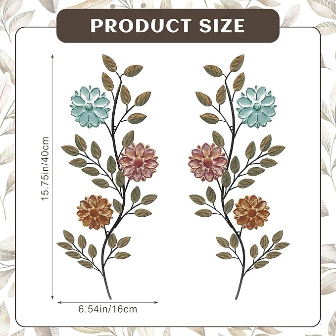 MorningRo 2 Pcs Metal Flower Leaves Wall Art Spring Wall Decor Living Room, 15.75 Inch Vintage Rustic Branch Leaf Wrought Iron Scroll Art Decor for Spring Bedroom Indoor Outdoor Decorations(Colorful)