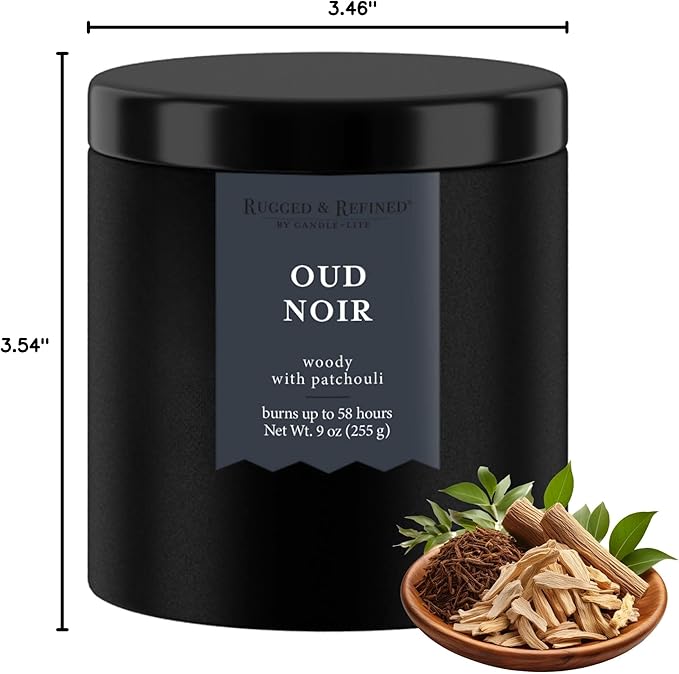 Candle-lite Rugged & Refined Scented Candle for Men, Oud Noir, 9 oz Tin, Poured in The USA, Masculine Fragrance, 1-Wick, 58 Hours of Burn Time, Ideal Gift for Man in Your Life & Father's Day