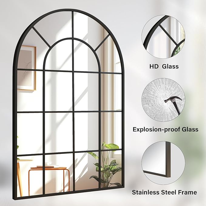 30"×40" Windowpane Arched Wall Mirror, Grid-Designed Decorative Farmhouse Wall Mounted Mirror with Metal Frame Hanging Leaning for Entryway, Living Room, Home Decor, Black