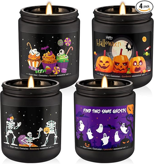 Halloween Scented Candles Set of 4 (7oz Each) – Spooky Aromatherapy Soy Wax Candles with Bat & Ghost Designs, Smokeless for All Saints' Day, Home Decor & Festive Gifts