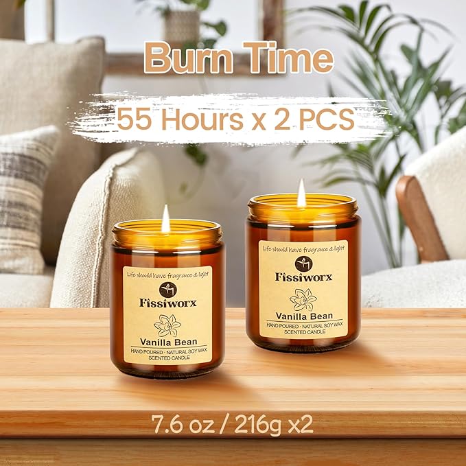 Vanilla Scented Candle Set 2 Pack, Candle for Home Scented, Odor Eliminating, Stress Relief, 15oz, 110 Hours Long Lasting Candles, Soy Candle Gift Set for Women