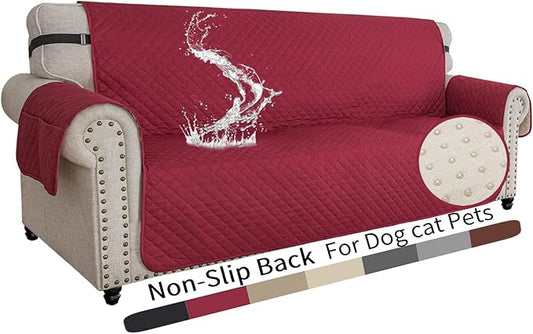 XINEAGE Quilted Sofa Cover Waterproof Couch Covers for 3 Cushion Couch, Super Soft Washable Slipcover with Pockets & Non-Slip Elastic Straps, Thick Furniture Protector (Sofa, Red)