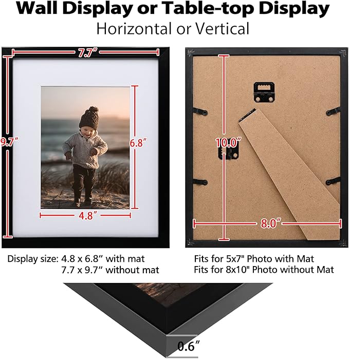 KINLINK 8x10 Picture Frame Black Set of 6, Wooden Photo Frames Matted 5x7 with Plexiglass for 5x7 with Mat or 8x10 without Mat for Table and Wall Display