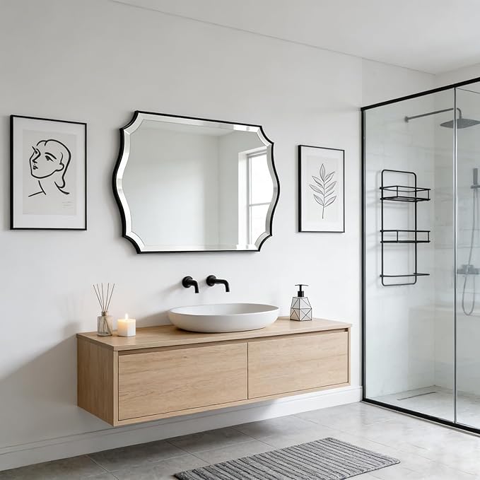 POZINO Scalloped Beveled Mirror, 24"x36" Rectangle Bathroom Vanity Mirror for Over Sink, Modern Aesthetic Wavy Shaped Wall Mirrors for Living Room Bedroom Entryway, Horizontal or Vertical Hanging