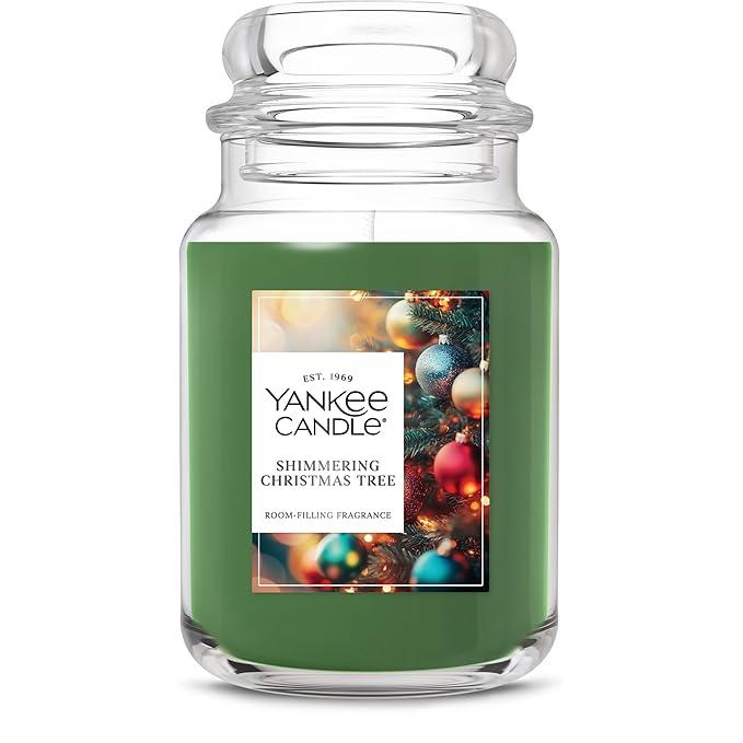 Yankee Candle Shimmering Christmas Tree, Christmas Scented Candle, 22oz Large Jar with up to 150 Hour Burn Time, Giftable, Holidays
