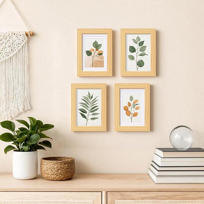 Egofine 4x6 Picture Frames Natural Wood Frames with Plexiglass, Display Pictures 3x4.5 and 3.5x5 with Mat or 4x6 Without Mat Set of 4 for Tabletop and Wall Mounting