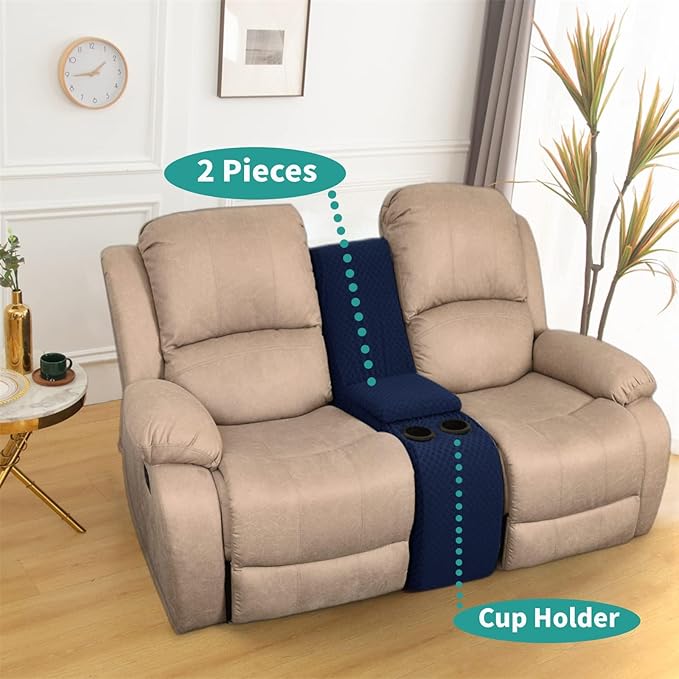 YEMYHOM Additional Recliner Console Cover for Couch with Cup Holder and Storage, Latest Jacquard Middle Reclining Console Slipcover Fitted Furniture Protector with Elastic Bottom (Navy Blue)