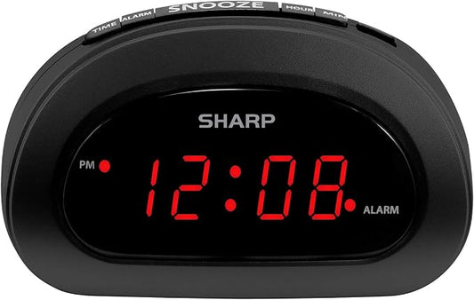 Sharp Small Digital Alarm Clock, Red LED, Snooze, 9V Battery Backup, Black by SHARP