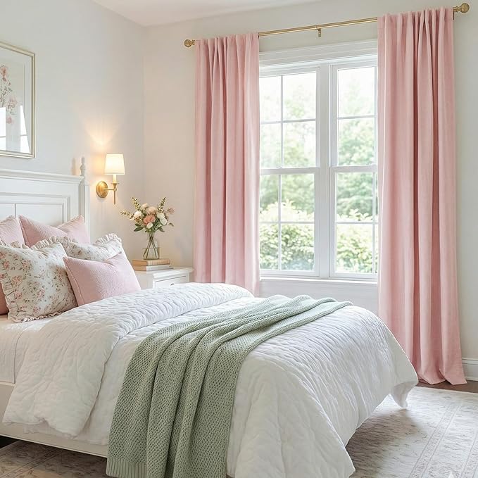 100% Blackout Shield Linen Blackout Curtains for Bedroom 108 Inches Long, Back Tab/Rod Pocket Living Room Drapes, Thermal Insulated Blackout Curtains 2 Panels Set, 50" W x 108" L,Baby Pink