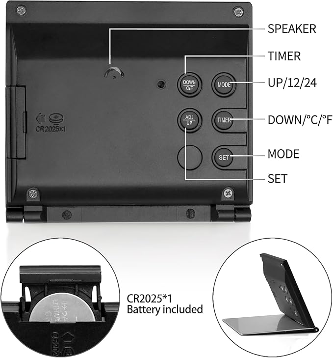 Betus Digital Travel Alarm Clock ?€? Foldable Calendar, Temperature & Timer with Snooze ?€? Large Number Display, Battery Operated ?€? Compact Desk Clock for Home & Office (Black)
