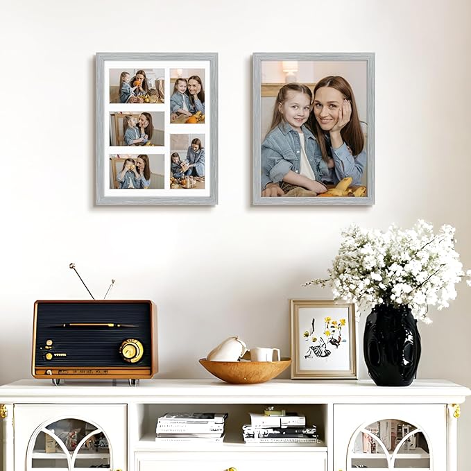 Golden State Art, 11x14 Grey Wooden Frame with White Mat - Displays Five 4x6 Photos - Tempered Glass - Wall Mounting, Portrait, Set of 2