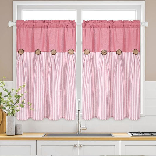 ASPMIZ Boho Linen Kitchen Curtains 36 Inch Length, Farmhouse Kitchen Window Curtain Over Sink, Pink Striped Short Curtains for Small Windows, Bathroom, Rod Pocket Window Treatment Tiers with Button