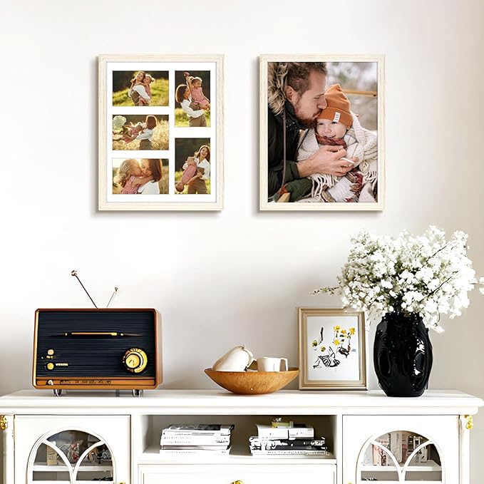 Golden State Art, 11x14 Distressed White Wood Frame with White Mat - Displays Five 4x6 Photos - Real Glass, Sawtooth Hangers, Swivel Tabs - Wall Mounting, Landscape, Portrait