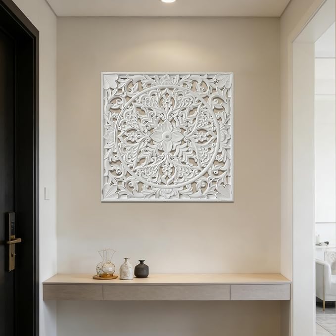 XIAOAIKA Boho Carved Wood Wall Sculpture, Intricate Floral Mandala Design with Distressed White Finish, Vintage Farmhouse Wall Art Panel with Solid Wood Frame for Bedroom Entryway (22" x 22")