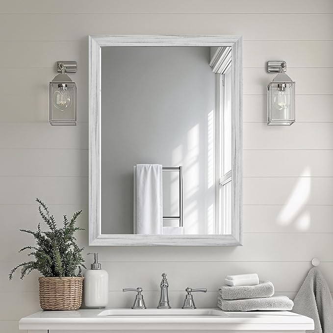 White Wood Effect Framed Wall Mirror, 22x30 Rectangle Mirror, Anti-desilvering Tempered Glass, Sustainable& Sturdy Frame, Farmhouse Mirror, Anti-Rust, 3min Fast Setup for Bathroom Living Room