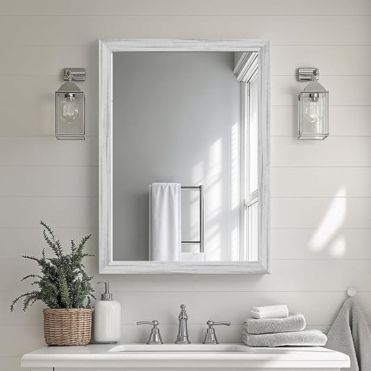 White Wood Effect Framed Wall Mirror, 22x30 Rectangle Mirror, Anti-desilvering Tempered Glass, Sustainable& Sturdy Frame, Farmhouse Mirror, Anti-Rust, 3min Fast Setup for Bathroom Living Room
