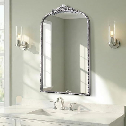 Micasso Vintage Arched Silver Mirror: 31"x19" French Baroque Antique Mirror - Traditional Ornate Decorative Mirrors for Wall/Bathroom/Entryway/Fireplace/Hallway - Home Decor for Living Room
