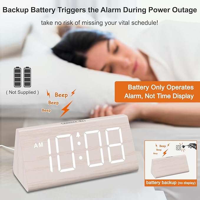 DreamSky Wooden Digital Alarm Clock for Bedroom - Living Room Desk Clock with Large Numbers, Bedside Nightstand Clock with USB Port, Adjustable Volume, Dimmer, DST, Office Wood D??cor, Adapter Powered