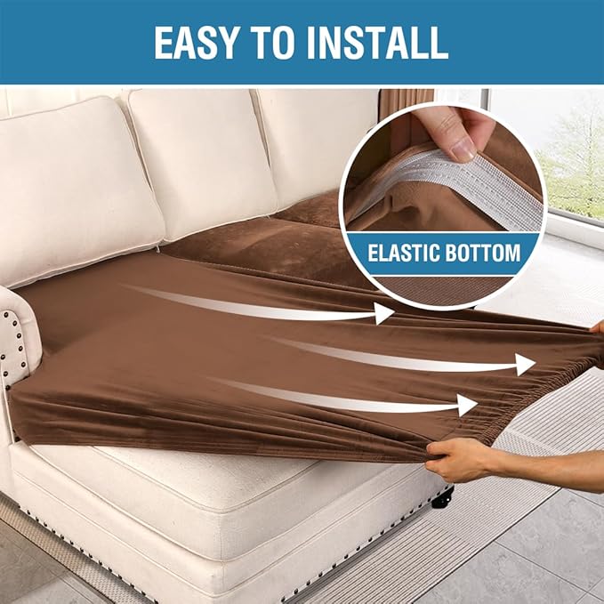 H.VERSAILTEX Velvet Stretch Sectional Couch Covers 3 Pieces Sofa Seat Cushion Covers L Shape Separate Cushion Couch Chaise Cover for Both Left/Right Couch(Large Sofa 2 Seater + 1 Chaise, Caramel Cafe)