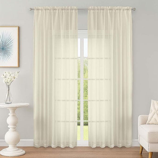 OWENIE Cream Sheer Curtain 90 Inches Long 2 Panels Set, Solid Filmy Drapes for Living Room Bedroom, Elegant Window Voile Sheer Curtain Panels Drapes, 2 Pcs, Each 59" Wx90 L Inch