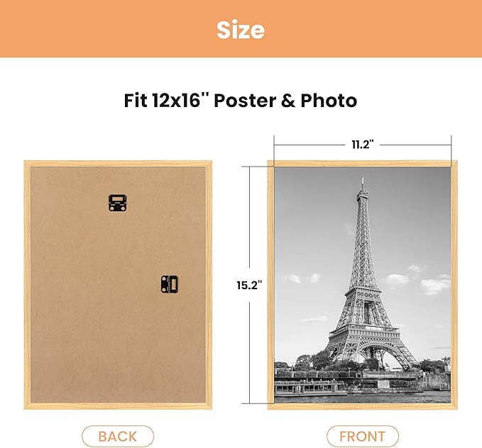 upsimples 12x16 Picture Frame Natural 3 Pack, Scratch-Proof Poster Frames 12 x 16 for Photo Gallery - Slide-In Strips, Horizontal or Vertical Wall Mounting