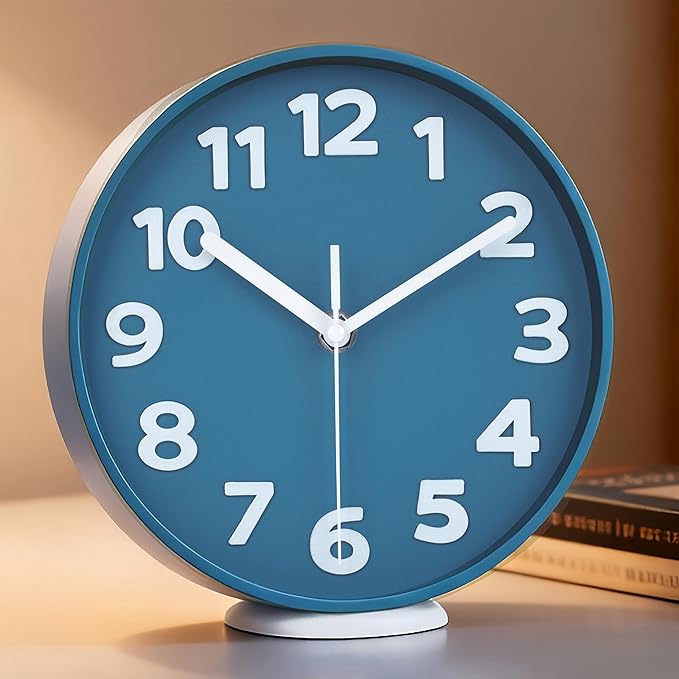 45MinST 8-Inch Blue Modern Wall Clock ?€? Silent Non-Ticking, 3D Large Numbers, Accurate Timekeeping | Decorative Wall & Desk Clock with Stand for Living Room, Bedroom, Kitchen, or Office