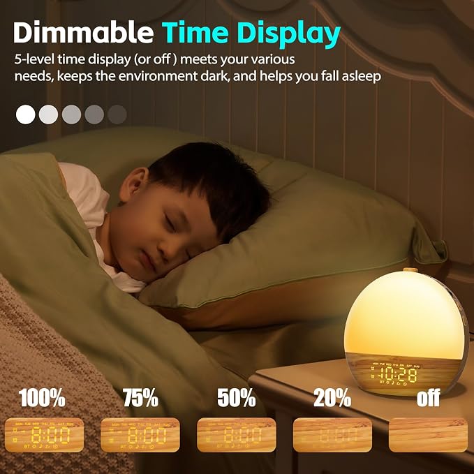 Geuuap Sunrise Alarm Clock, Noise Sound Machine Night Light, Wood Grain | 25 Soothing Sounds, 17 Dimmable lights, Dual Independent Alarms, Unlimited Snooze, Bluetooth Speaker, Backup Battery Memory - Image 4