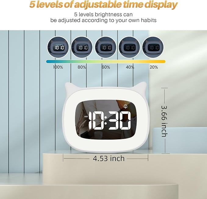 Cute Cat Ear Alarm Clock with Night Light for Bedroom,White - Image 3