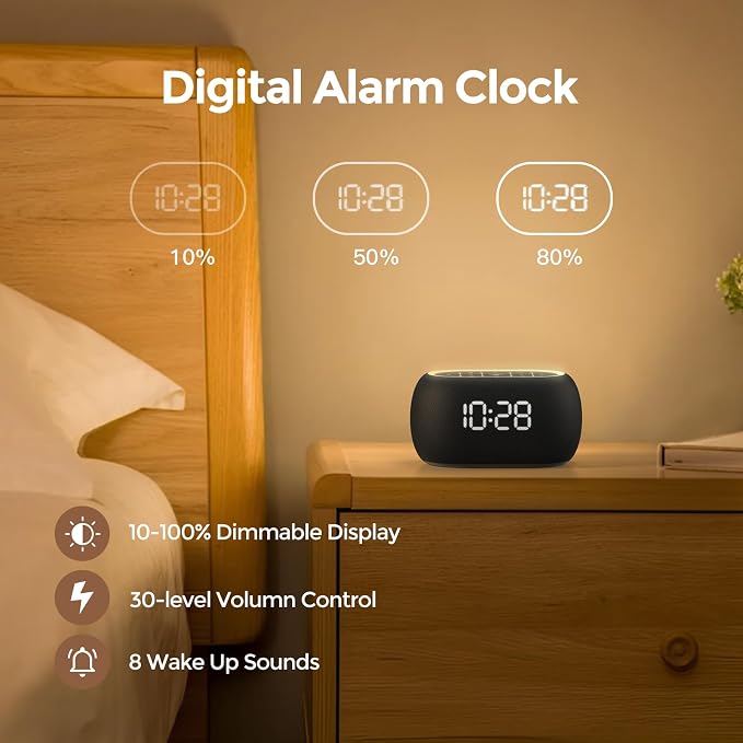 ANJANK Alarm Clock White Noise Sound Machine with Bluetooth Speaker, 21 Soothing Sounds, 7 Night Lights, 0-100% Dimmer/Sleep Timer/Volume Control, Small Design for Kids Adults Sleeping,Bedroom (Black) - Image 6