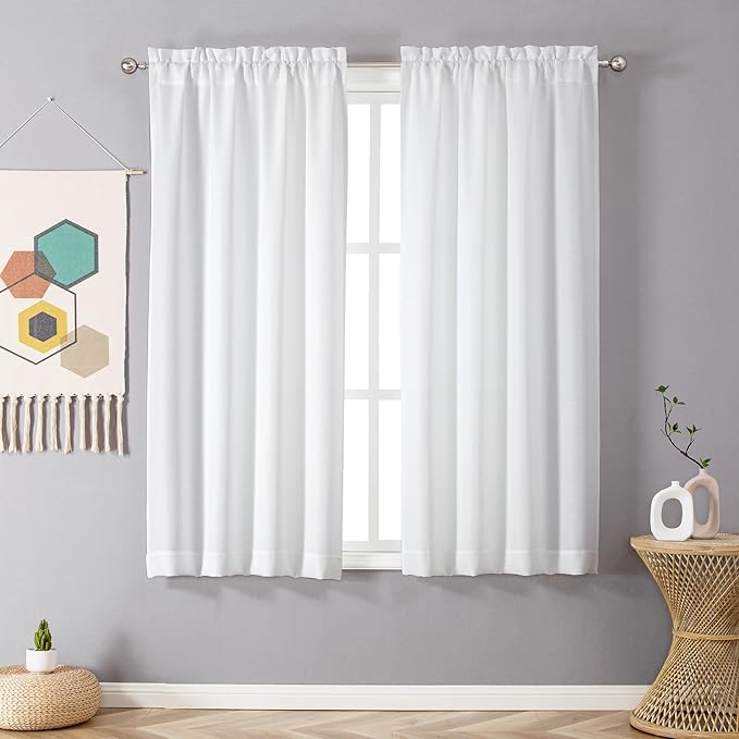 Chyhomenyc White Curtains 45 Inch Length 2 Panels, Faux Linen Textured Semi Sheer Light Filtering Soft Airy Rod Pocket Window Treatment Drapes for Living Room Bedroom, 30Wx45L Inch, 2 PCS