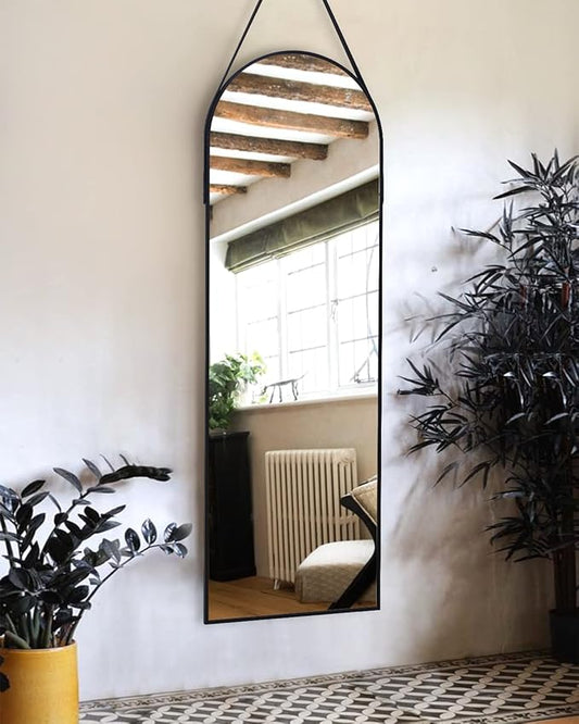 OGCAU 16''x48'' Arched Full Length Mirror for Wall, Full Body Arched-Top Hanging Mirror or Wall Mounted in Bedroom, Living Room, Aluminum Alloy Frame with Straps (Black)