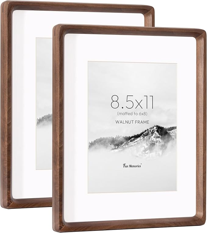 8.5 by 11 Picture Frame, USA-Sourced Walnut Wood Photo Frame with HD Tempered Glass, Handcrafted Rounded Corner 8.5x11 Wooden Picture Frames Matted to 6x8 Photos, Tabletop or Wall Display, 2 Pack