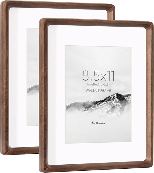 8.5 by 11 Picture Frame, USA-Sourced Walnut Wood Photo Frame with HD Tempered Glass, Handcrafted Rounded Corner 8.5x11 Wooden Picture Frames Matted to 6x8 Photos, Tabletop or Wall Display, 2 Pack
