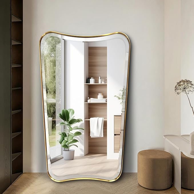 POZINO Brushed Gold Beveled Mirrors, 24"x40" Bathroom Vanity Mirror for Over Sink, Butterfly Shaped Mirrors Decorative, Modern Rectangle Aesthetic Wall Mirror for Living Room Bedroom Hallway Entryway