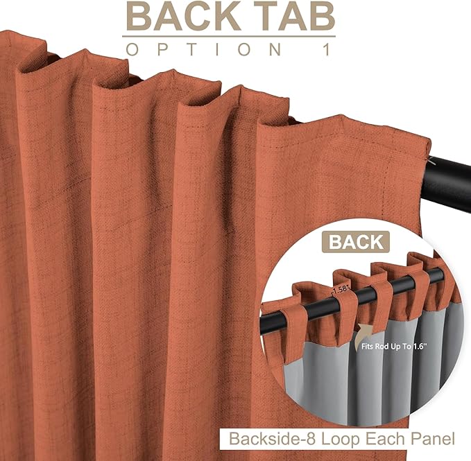 100% Blackout Shield Linen Blackout Curtains for Bedroom 96 Inches Long, Back Tab/Rod Pocket Living Room Drapes, Thermal Insulated Blackout Curtains 2 Panels Set, 50" W x 96" L, Burnt Orange