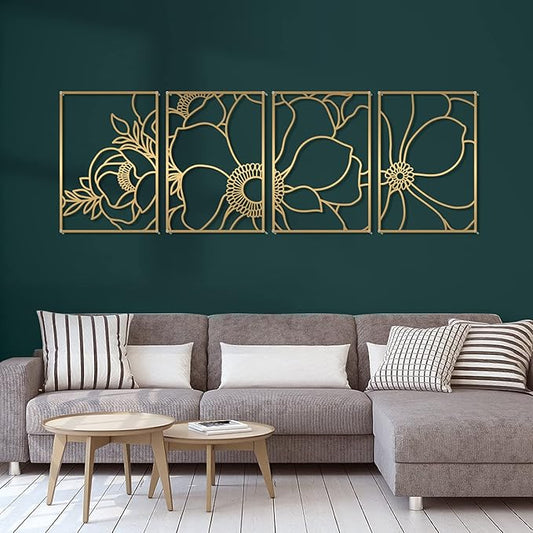 Glamativity Large 4 Pack Gold Wall Art, Minimalist Decor, Real Metal, Nature Floral Abstract, for Bedroom, Living Room, Bathroom (Gold Blossom Style, L Size 22.5 x 15.7'')