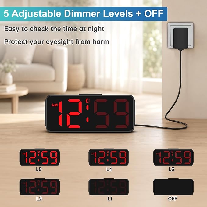 Peakeep Small Digital Alarm Clock for Bedroom, Large Number, Battery Backup | Plug-in Tiny Electric Clock Brightness Dimmable for Bedsise Desk Table Small Spaces, 5 Volume, Easy to Set, Adapter Included - Image 4
