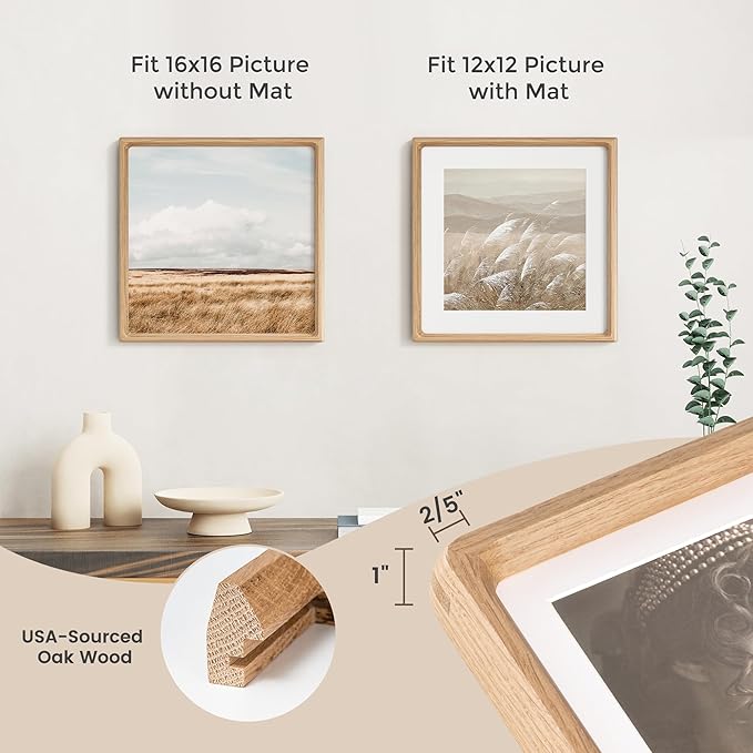 16x16 Picture Frame, USA-Sourced Oak Wood Photo Frames with HD Tempered Glass, Handcrafted Rounded Corner 16 x 16 Wooden Frames Matted to 12x12 Photos, 16x16 Frame, Tabletop or Wall Display